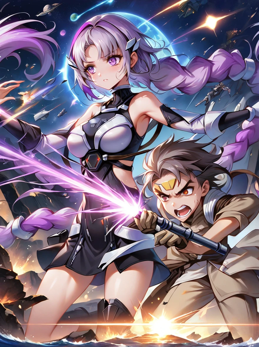 1yj1，(1boy:1.5)，(boys and girl fighting:1.9)，Anime Girl, (Purple and White Ombre Long Ponytail), (There is a tuft of dark purple hair on the forehead, Colorful hair, (Deep purple eyes)，White mecha suitBREAK Black mecha dress, The figure is located in the center，yinji，The background of the broken moon, the falling stars, the sea and the golden Mars，Requiem，Satellite Fall Background，Star Wars