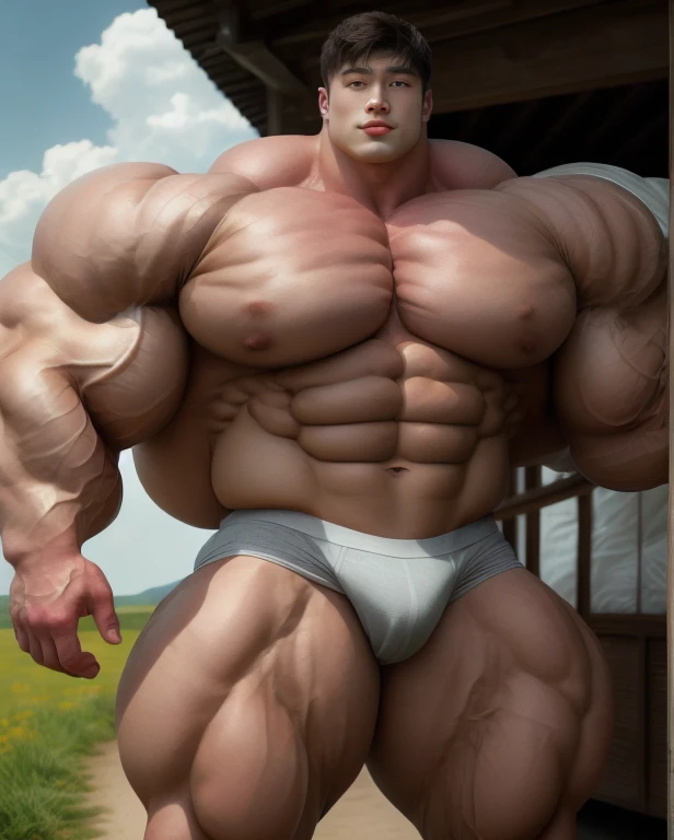1 asian man, handsome, giant, buzz haircut, model shoot style, looking at camera, standing up, cool ambiance, outdoor, commercial photoshoot, large dry meadows, strong body, bulk, naked, wear grey prominent bulge triangular underwear, big, brutalmass, giant, muscular body, bulk, massive body, large meaty body size, brown skin, huge arms, ballooning meaty chests