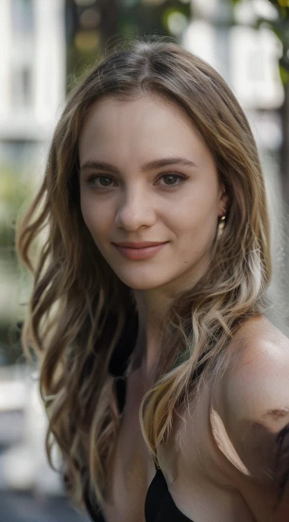 (best quality,4k,highres,masterpiece:1.2),ultra-detailed,realistic:1.37,blonde hair,happy,cheerful,bright and sparkling eyes,realistic skin,detailed shading,a few freckles on the face,beautiful smile,feminine,green garden background,natural lighting,vibrant colors