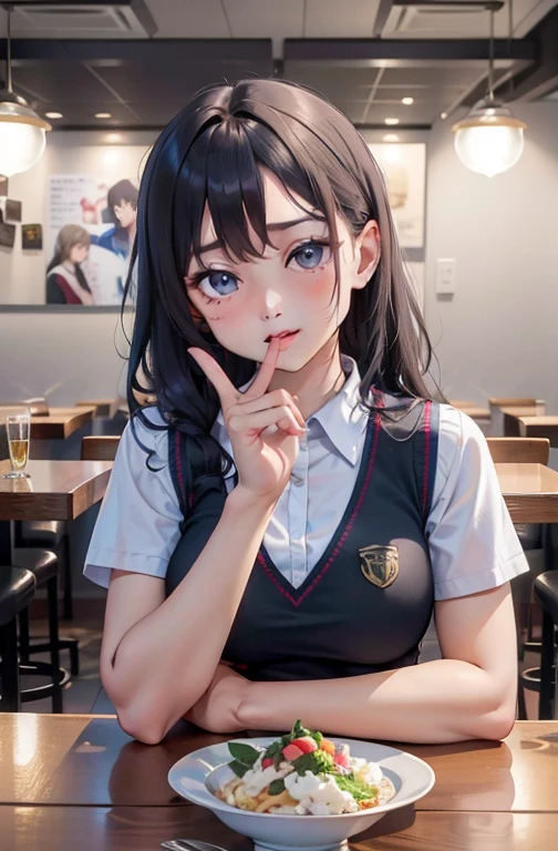 (Obra de arte, melhor qualidade), 1 garota, cabelo loiro, Olhos rosa, tilt your head, nariz corado, do outro lado da mesa pov, seios enormes, sweater vest, Burberry print, colares, pulseiras, bare arms, comida, bife, Romantic lighting, glass of champagne, rosto e olhos detalhados, restaurant,