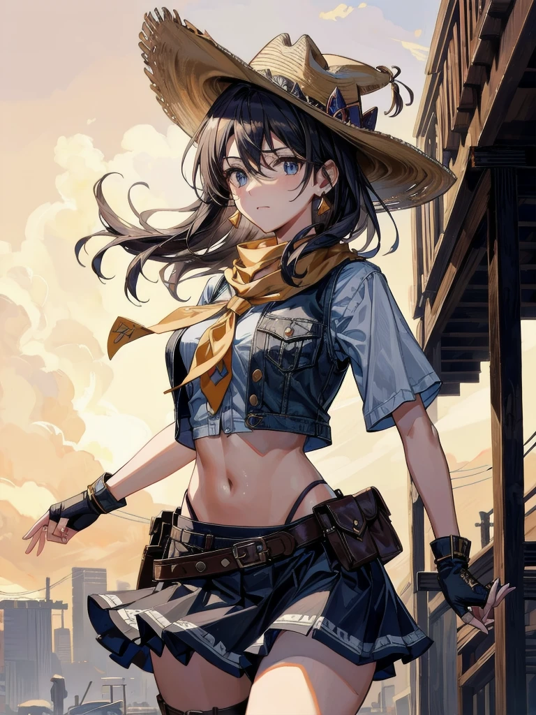 cowgirl costume, vest, cowboy hat, fingerless gloves, midriff, neckerchief, short skirt, holster, absurdres, RAW photo, extremely delicate and beautiful, masterpiece, Best Quality, ultra high resolution, 32k, hyperrealistic, ultra-detailed, perfect figure, tearful mole, earring, whole body shot, short medium hair, wavy hair,