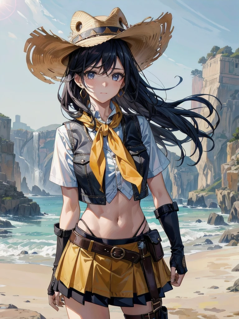 cowgirl costume, vest, cowboy hat, fingerless gloves, midriff, neckerchief, short skirt, holster, absurdres, RAW photo, extremely delicate and beautiful, masterpiece, Best Quality, ultra high resolution, 32k, hyperrealistic, ultra-detailed, perfect figure, tearful mole, earring, whole body shot, short medium hair, wavy hair,