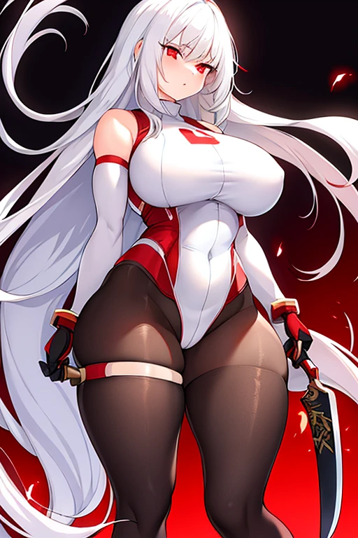 1girl, white hair, long hair, red eyes, serious, glowing eyes, large breasts, thick thighs, mature female, athletic  female, toned, leotard, black leotard, thighhighs, belt, knife, knifes, pantyhose