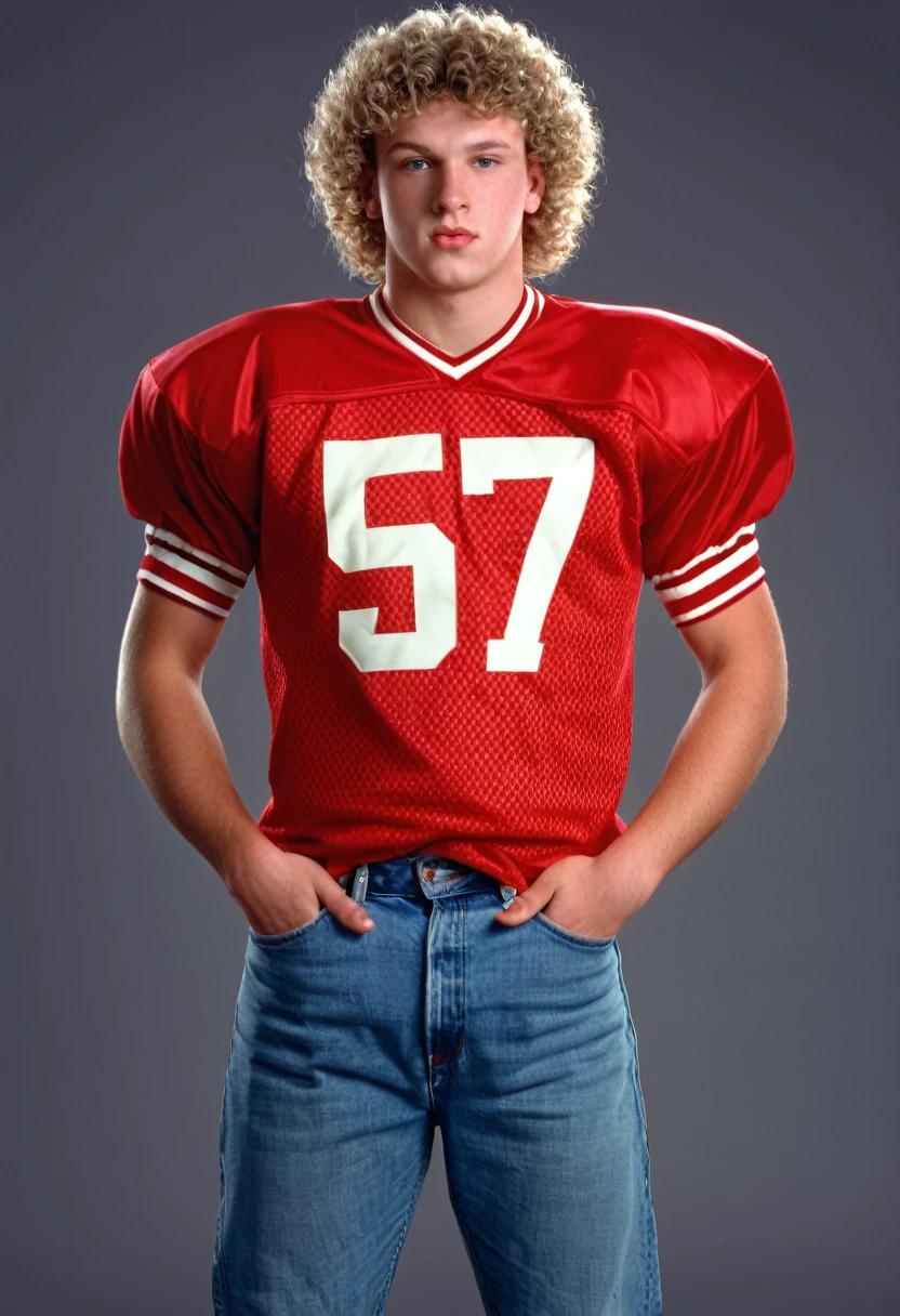 twenty six year old white man, curly sandy crewcut hair, slightly overweight but strong physique, square face, photorealism, high quality, 8k, 90s style, 1990s, red football jersey with the number 57 and jeans, no background