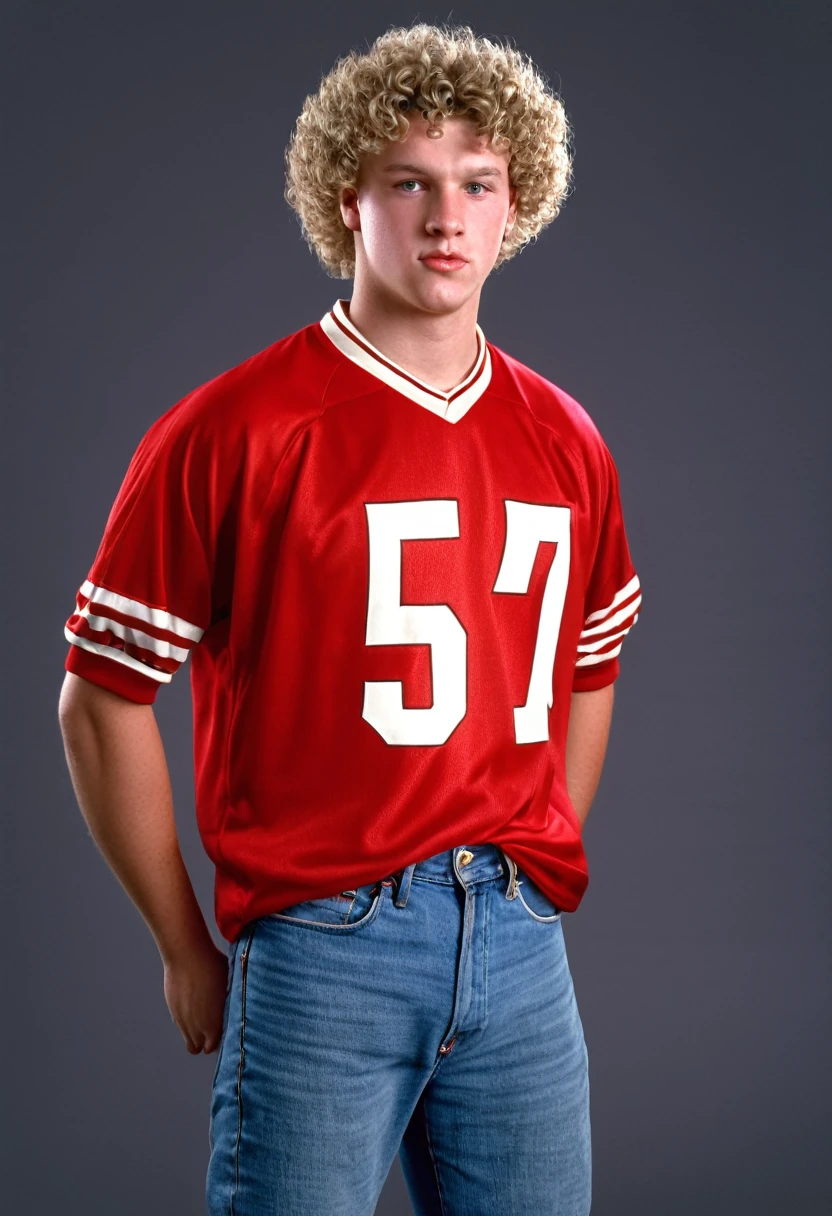 twenty six year old white man, curly sandy crewcut hair, slightly overweight but strong physique, square face, photorealism, high quality, 8k, 90s style, 1990s, red football jersey with the number 57 and jeans, no background