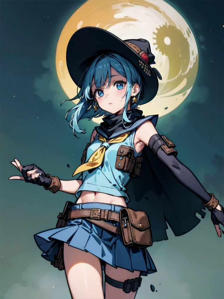 cowgirl costume, vest, cowboy hat, fingerless gloves, midriff, neckerchief, short skirt, holster, absurdres, RAW photo, extremely delicate and beautiful, masterpiece, Best Quality, ultra high resolution, 32k, hyperrealistic, ultra-detailed, perfect figure, tearful mole, earring, whole body shot, short medium hair, wavy hair,