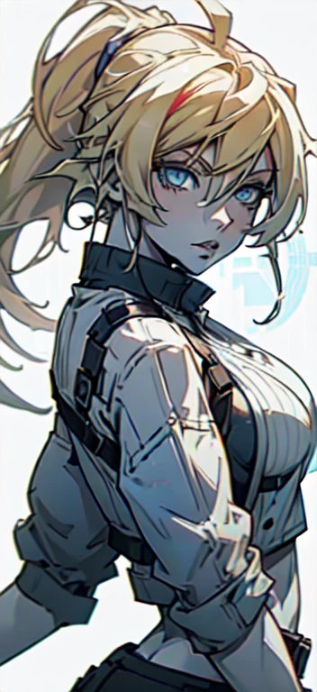 ((one girl)), close up shot of a anime girl with long thin light blonde hair tied in a ponytail looking at the viewer with a seductive look, lips half open, dynamic pose, (((pale skin))), multicolored hair blonde and blue, blue eyes, (((wearing modern urban clothes fashion))), (((big breasts))), blonde anime girl with long hair, white background