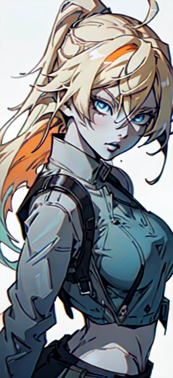 ((one girl)), close up shot of a anime girl with long thin light blonde hair tied in a ponytail looking at the viewer with a seductive look, lips half open, dynamic pose, (((pale skin))), multicolored hair blonde and blue, blue eyes, (((wearing modern urban clothes fashion))), (((big breasts))), blonde anime girl with long hair, white background