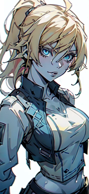 ((one girl)), close up shot of a anime girl with long thin light blonde hair tied in a ponytail looking at the viewer with a seductive look, lips half open, dynamic pose, (((pale skin))), multicolored hair blonde and blue, blue eyes, (((wearing modern urban clothes fashion))), (((big breasts))), blonde anime girl with long hair, white background