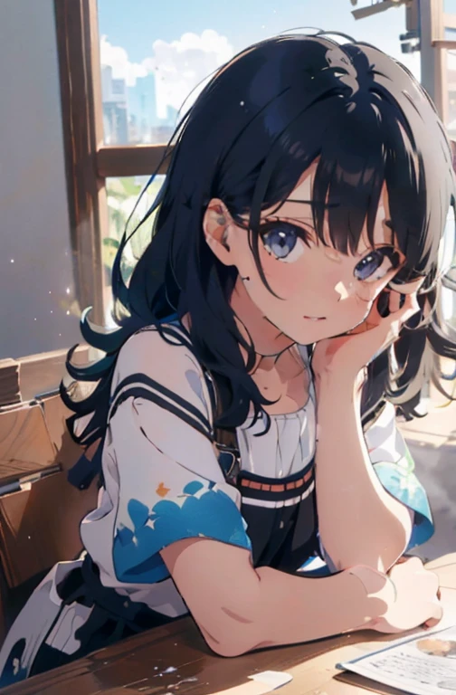 (Obra de arte, side lighting, lindos olhos finamente detalhados: 1.2), 1 garota, franja, olhos azuis, cabelo azul, eyebrows visible through hair, cabelo entre os olhos, coque de cabelo, hands on own cheeks, hands on own face, head rest, joia, mangas compridas, olhando para o espectador, cabelo medio, verruga, verruga under eye, Sozinho, tronco, youtuber virtual, Obra de arte, melhor qualidade, Messy hair, trends on Artstation, 8k resolution, altamente detalhado, Anatomicamente correto, clear image, pintura digital, arte conceitual, trends on pixiv, estilo de Makoto Shinkai,
