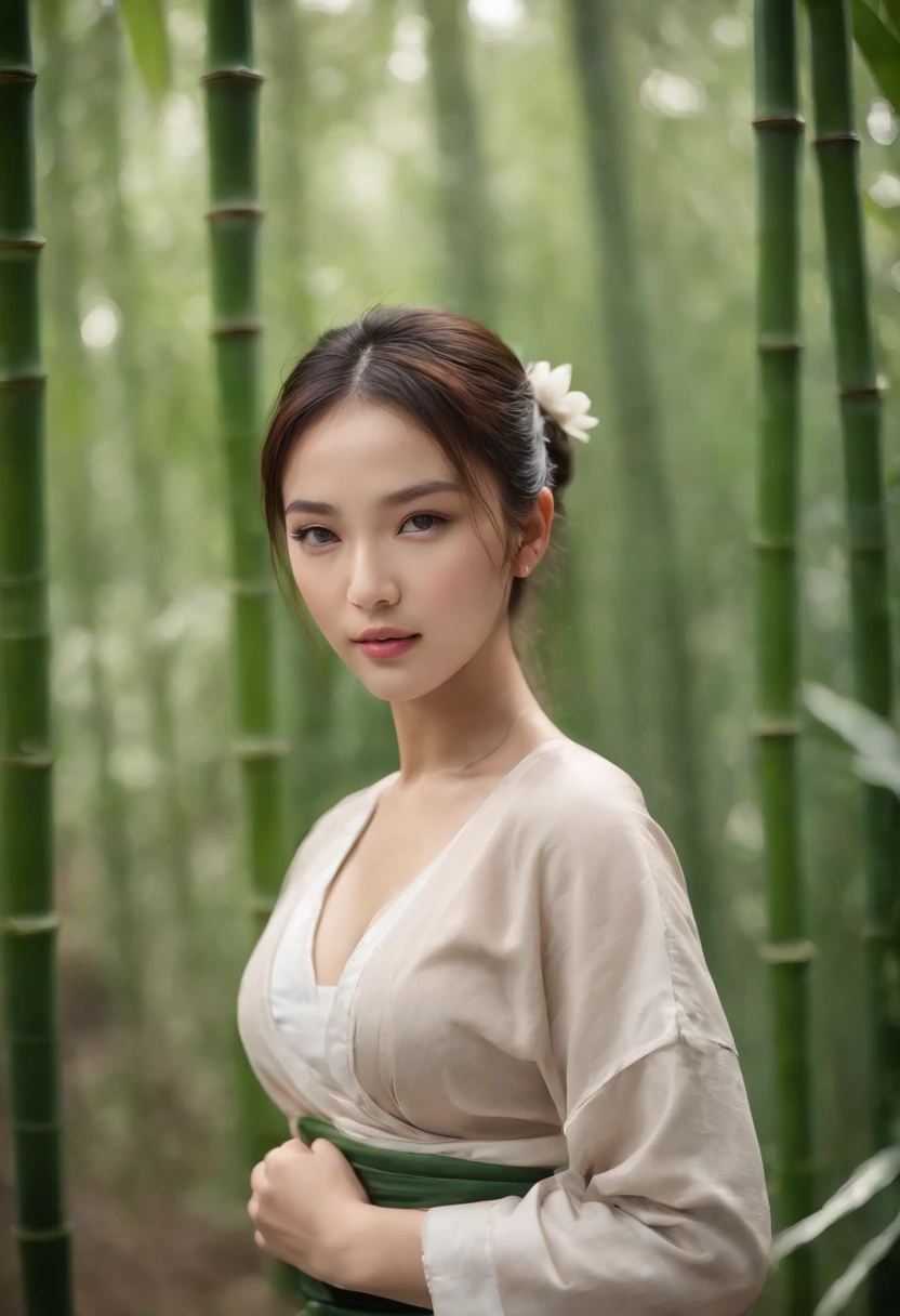 ung girl, Kungfu, Green bamboo forest, Surrounded by rain, Illustration style, Motion blur, Open dress, Breasts, cleavage, Long exposure to the whole body, Exquisite facial features, Chinese ink style, Martial arts style, selective focus, in a panoramic view, (Bokeh:1.5)