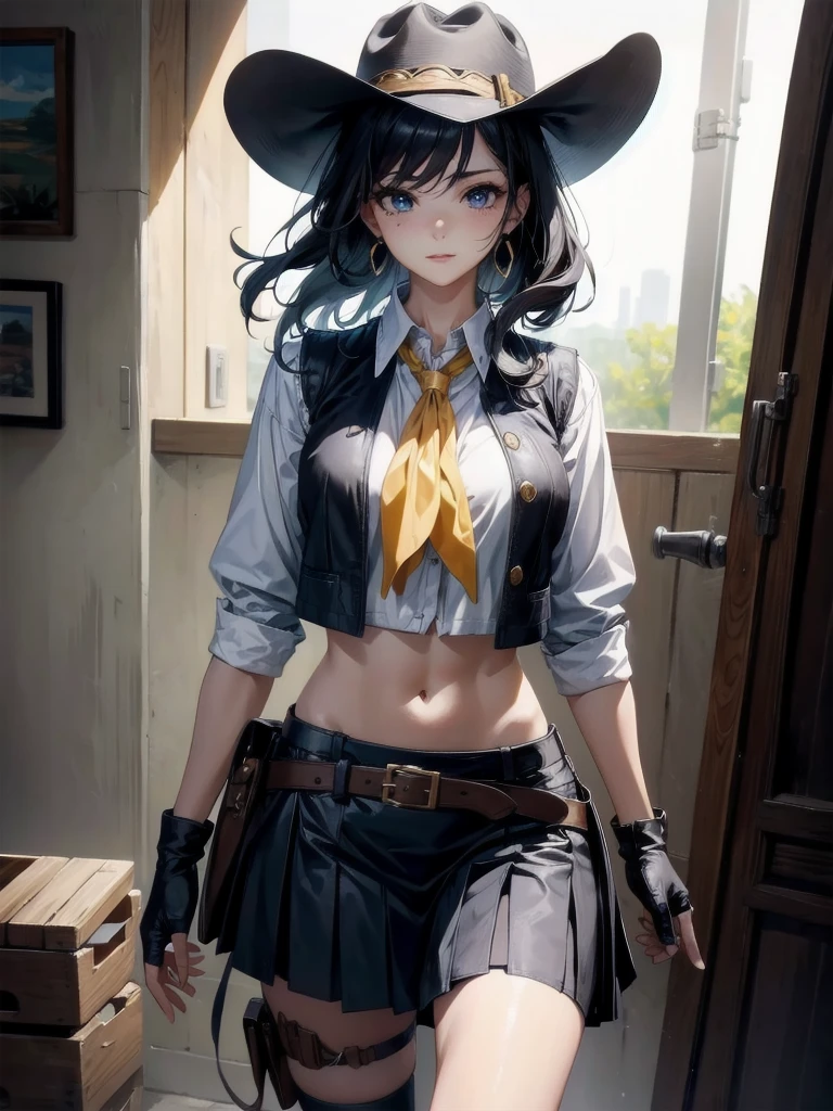 cowgirl costume, vest, cowboy hat, fingerless gloves, midriff, neckerchief, short skirt, holster, absurdres, RAW photo, extremely delicate and beautiful, masterpiece, Best Quality, ultra high resolution, 32k, hyperrealistic, ultra-detailed, perfect figure, tearful mole, earring, whole body shot, short medium hair, wavy hair,