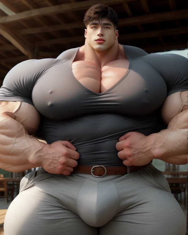 1 asian man, handsome, giant, buzz haircut, model shoot style, looking at camera, standing up, cool ambiance, outdoor, commercial photoshoot, large dry meadows, strong body, bulk, wear grey tight shirt & prominent bulge triangular underwear, big, brutalmass, giant, muscular body, bulk, massive body, large meaty body size, brown skin, huge arms, ballooning meaty chests