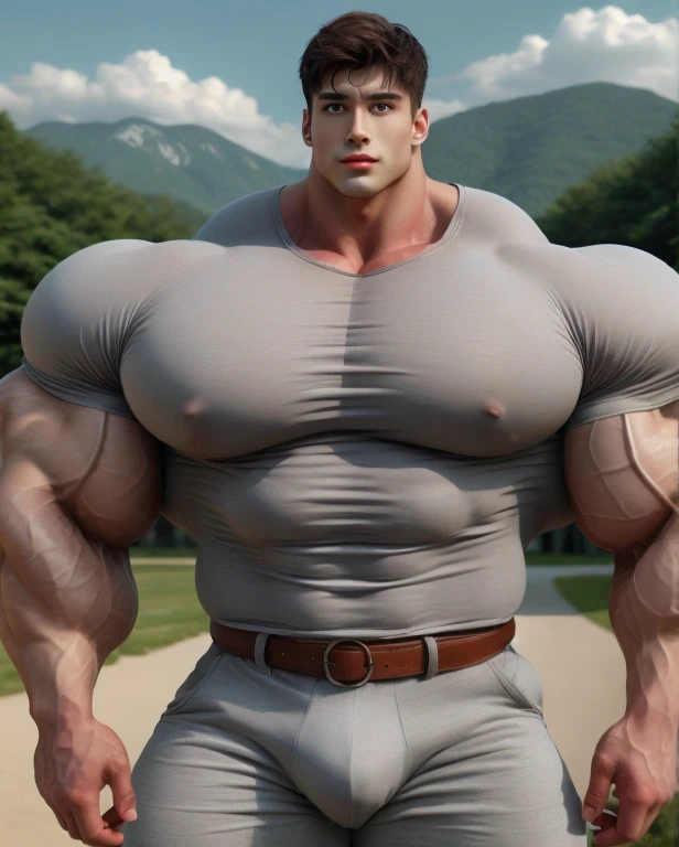 1 asian man, handsome, giant, buzz haircut, model shoot style, looking at camera, standing up, cool ambiance, outdoor, commercial photoshoot, large dry meadows, strong body, bulk, wear grey tight shirt & prominent bulge triangular underwear, big, brutalmass, giant, muscular body, bulk, massive body, large meaty body size, brown skin, huge arms, ballooning meaty chests