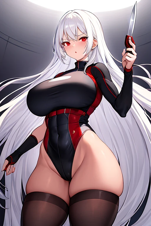 1girl, white hair, long hair, red eyes, serious, glowing eyes, large breasts, thick thighs, mature female, athletic female, toned, leotard, black leotard, thighhighs, belt, knife, knifes, pantyhose