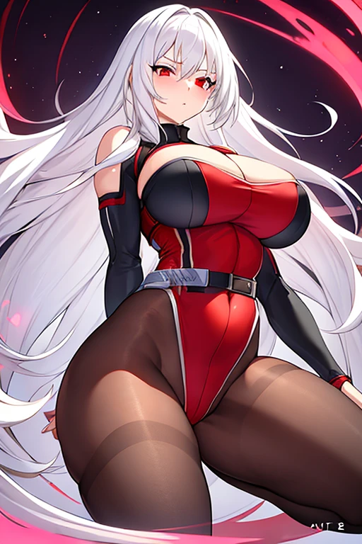 1girl, white hair, long hair, red eyes, serious, glowing eyes, large breasts, thick thighs, mature female, athletic female, toned, leotard, black leotard, thighhighs, belt, knife, knifes, pantyhose