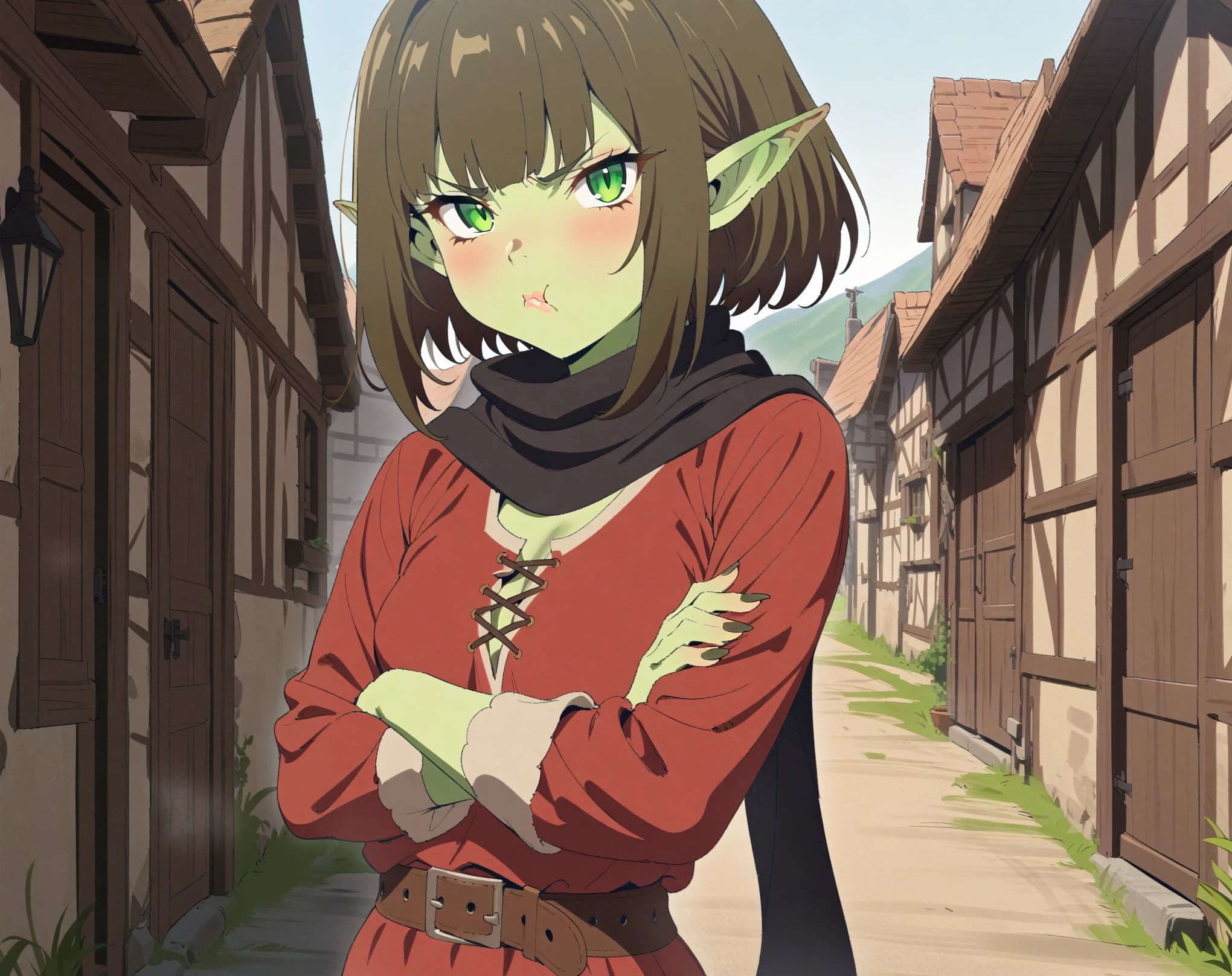 (Masterpiece, best quality, highres) {{Artist: Sincos}} 1 goblin woman, solo, mature, very short height, short, 30 years old, fully green skin, sharp eyes, green eyes, sharp ears, lips, thick ass, small breasts, short hair, bangs, brown hair, straight hair, pout, annoyed, looking at camera, crossing arms, red tunic, beige shorts, leather belt, black scarf, in village, medieval fantasy.