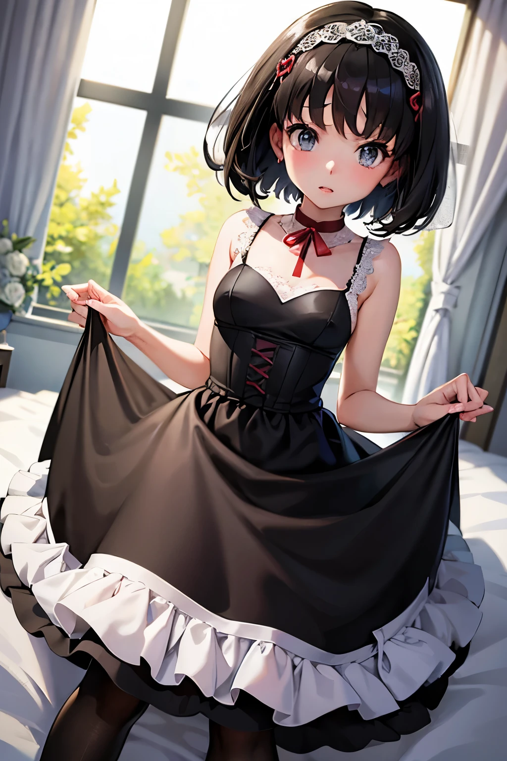 Erica、Pokémon、Black Hair、Short Hair、((pantyhose))、Photo from below、Medium chest、Bedroom、One girl、Red ribbon on head、((Wedding dress))、