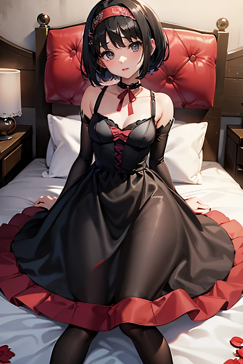 Erica、Pokémon、Black Hair、Short Hair、((pantyhose))、Photo from below、Medium chest、Bedroom、One girl、Red ribbon on head、((Wedding dress))、