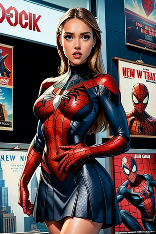 Jessica Alba、マーベルコミックの映画Poster、so beautiful、Movies about Spider-Man、sexy、whole body、Wearing a skirt、Premiere Date、Poster、belly buttonを突き出す、new york、She's wearing a ripped Spiderman suit、The suit is torn、Wearing a skirt、Red and black color scheme、dynamic、masterpiece、highest quality、Super detailed、Very detailed、Delicate and beautiful shine、Ultra-high resolution、Cinematic、break、breakドロップ、(Torn clothes:1.5)、(Wet clothes:1.4)、Bare shoulders、Real Rain、Wet Hair、belly button、Exposed Skin、sexyな肩を披露