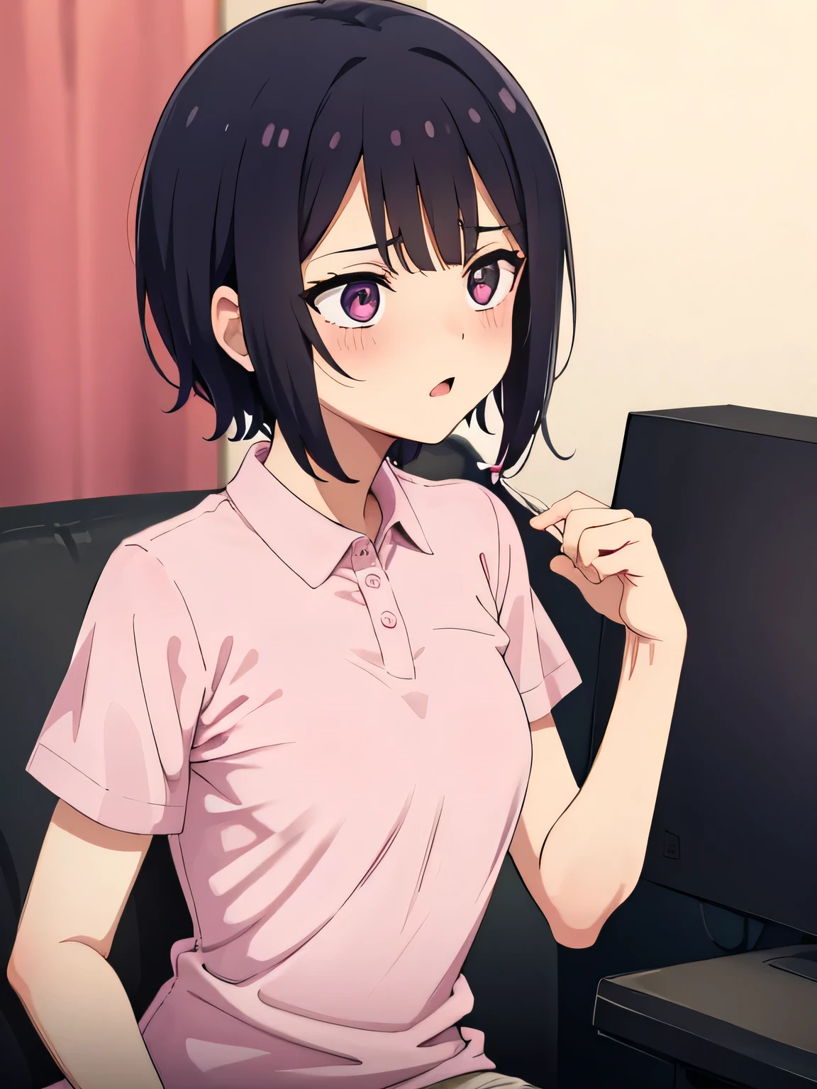 1. Beautiful woman in a pink polo shirt, Short sleeves Short hair, Small breasts,Black Hair, hospital beautiful cute high quality drool feel perfect fingers naked see penis perfect penis perfect hand troubled face