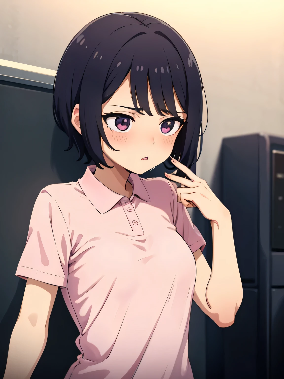1. Beautiful woman in a pink polo shirt, Short sleeves Short hair, Small breasts,Black Hair, hospital beautiful cute high quality drool feel perfect fingers naked see penis perfect penis perfect hand troubled face