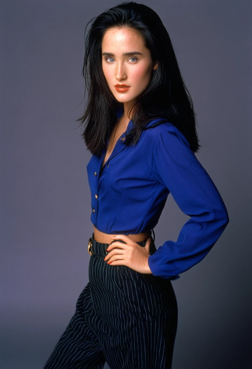 1996 clothing style, twenty year old woman, long dark hair, blank background, 90s clothing, 90s style, 1990s, studio portrait, designer clothing, curvy, pretty girl, like jennifer connelly, sophisticated outfit