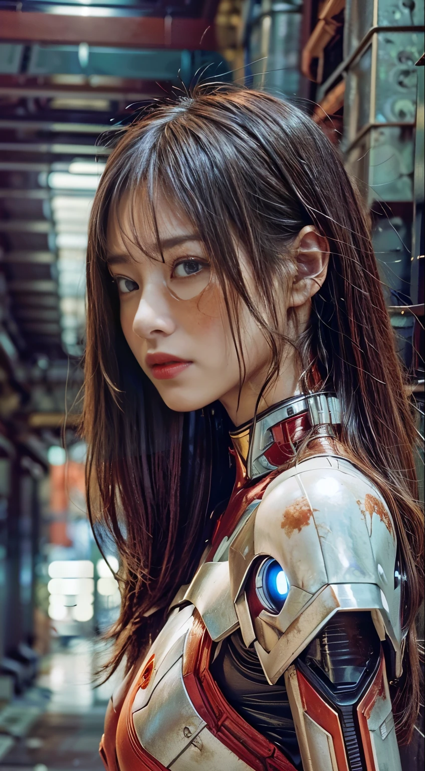 (Nancy McDonie),(1girl:1.3), solo,__body-parts__, official art, unity 8k wallpaper, ultra detailed, beautiful and aesthetic, beautiful, masterpiece, best quality, RAW, masterpiece, super fine photo,, best quality, super high Resolution, photorealistic, sunlight, full body portrait, stunningly beautiful,, dynamic pose, delicate face, vibrant eyes, (side view), she is wearing a futuristic Iron Man mech, red and gold, Highly detailed abandoned warehouse background, detailed face, detailed complex busy background, messy, gorgeous, milky, high detailed skin, realistic skin details, visible pores, sharp focus, volumetric fog, 8k uhd, dslr camera, High quality, film grain, fair skin, photorealism, lomography, sprawling metropolis in a futuristic dystopia, view from below, translucent