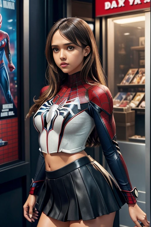 Jessica Alba、マーベルコミックの映画Poster、so beautiful、Movies about Spider-Man、sexy、whole body、Wearing a skirt、Premiere Date、Poster、belly buttonを突き出す、new york、She's wearing a ripped Spiderman suit、The suit is torn、Wearing a skirt、Red and black color scheme、dynamic、masterpiece、highest quality、Super detailed、Very detailed、Delicate and beautiful shine、Ultra-high resolution、Cinematic、break、breakドロップ、(Torn clothes:1.5)、(Wet clothes:1.4)、Bare shoulders、Real Rain、Wet Hair、belly button、Exposed Skin、sexyな肩を披露