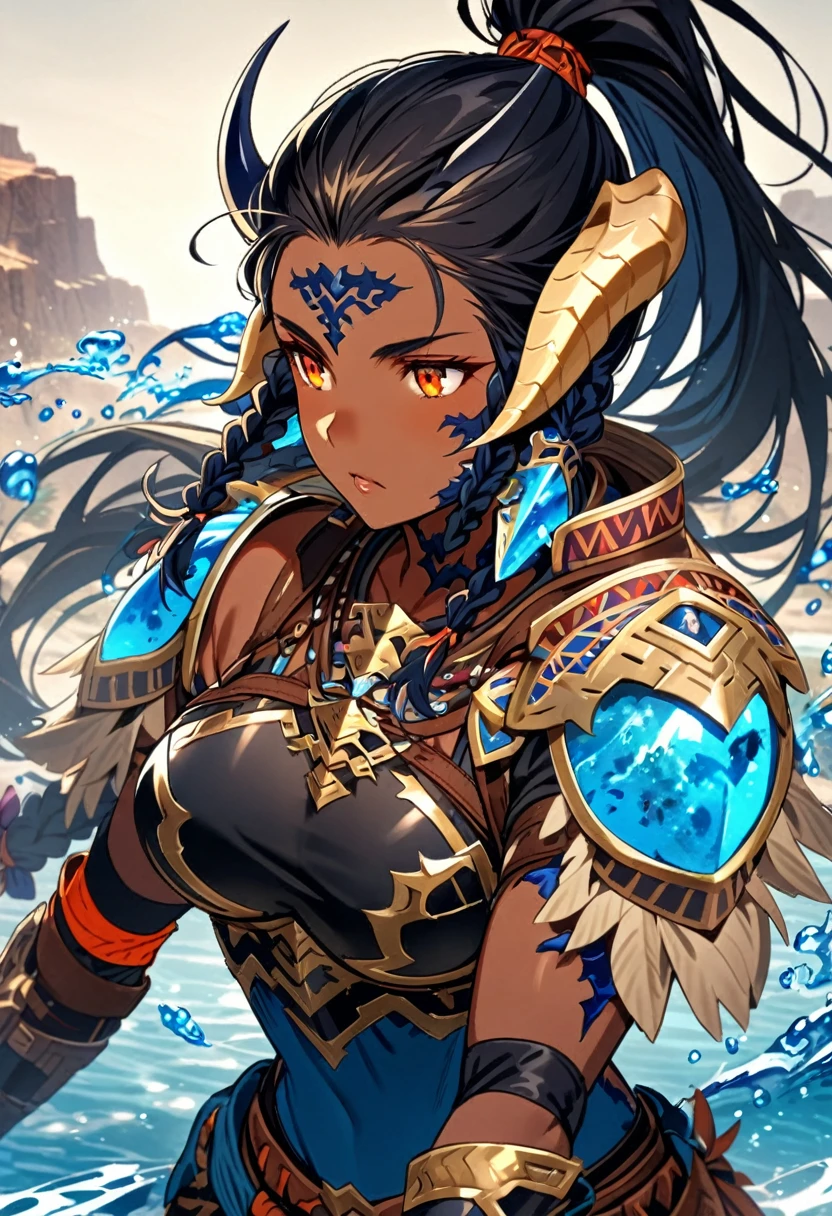 ((dark skinned girl)), ((black high ponytail)), ((Amber eyes)), ((floating blue water)), ((tribal tattoos on shoulder)), ((Braids)), ((namielle)), ((Armor)), ((Adventurer)), ((Horns)), ((Au'ra scales))