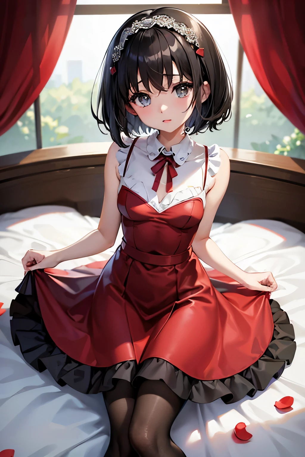 Erica、Pokémon、Black Hair、Short Hair、((pantyhose))、Photo from below、Medium chest、Bedroom、One girl、Red ribbon on head、((Wedding dress))、