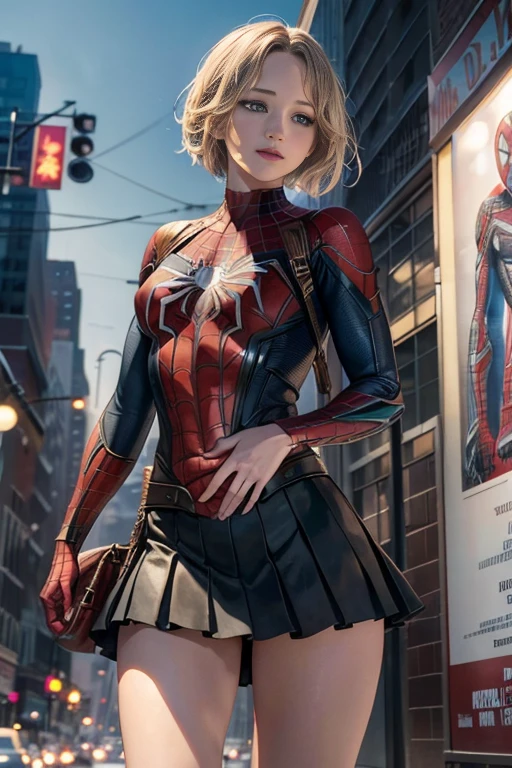 Jennifer Lawrence、マーベルコミックの映画Poster、so beautiful、Movies about Spider-Man、sexy、whole body、Wearing a skirt、Premiere Date、Poster、belly buttonを突き出す、new york、She&#39;s wearing a ripped Spiderman suit、The suit is torn、Wearing a skirt、Red and black color scheme、dynamic、masterpiece、highest quality、Super detailed、Very detailed、Delicate and beautiful shine、Ultra-high resolution、Cinematic、break、breakドロップ、(Torn clothes:1.5)、(Wet clothes:1.4)、Bare shoulders、Real Rain、Wet Hair、belly button、Exposed Skin、sexyな肩を披露