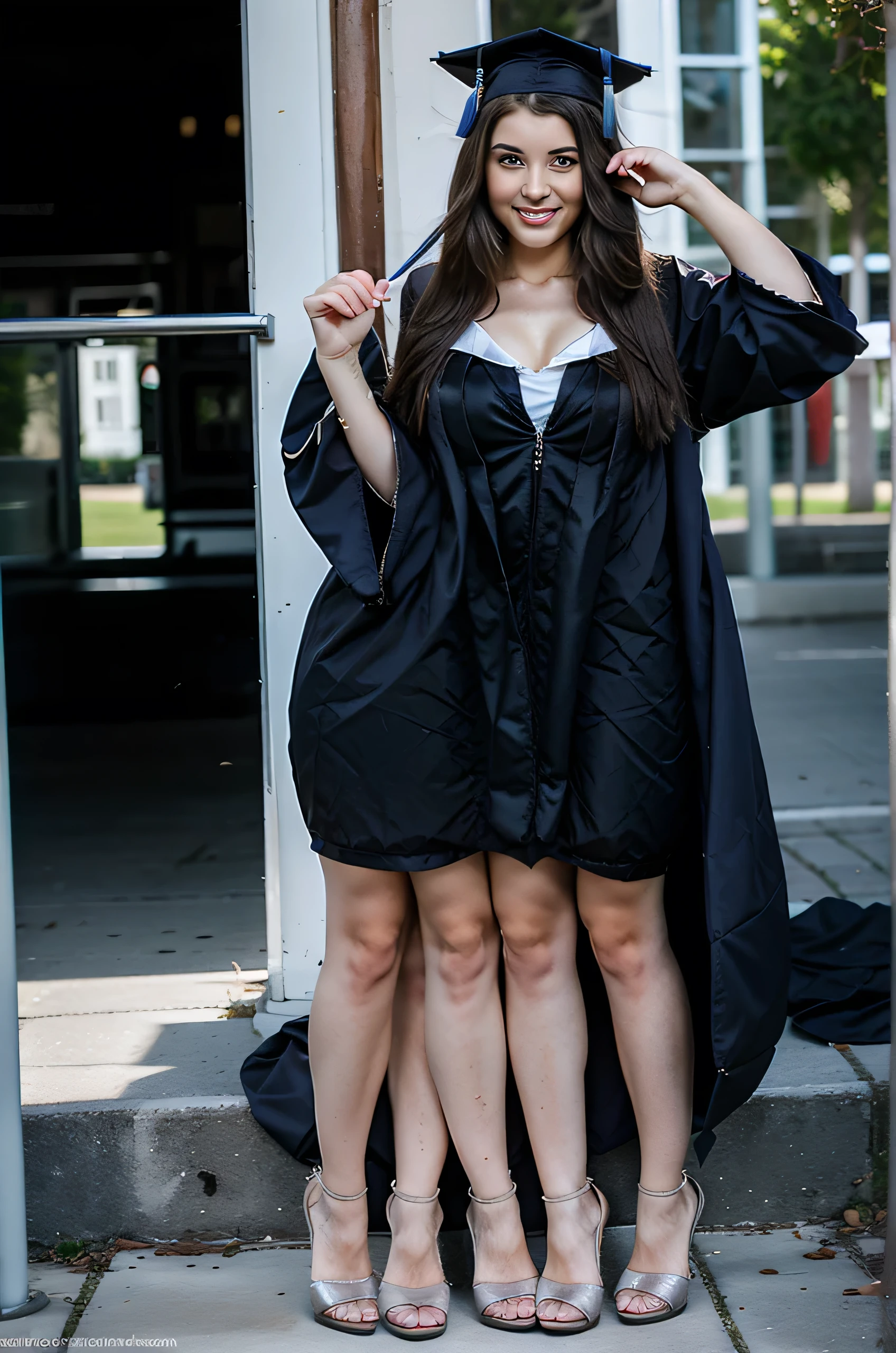2heads, two headed girl, age 18, at her high school graduation, graduation ceremony, cap and gown, heels, white girls, curvy,