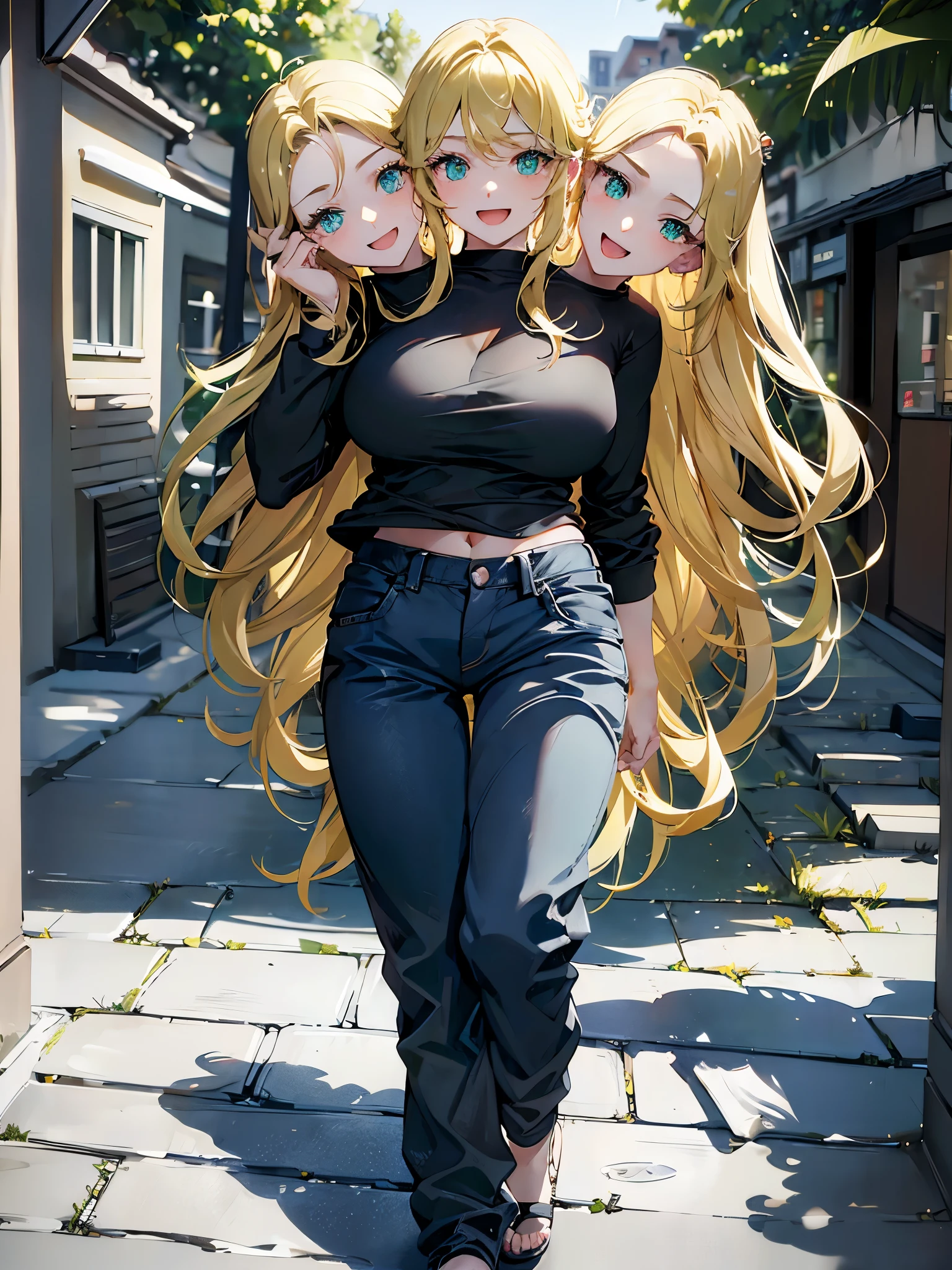 (masterpiece, best quality), best resolution, (2heads:1.5), 1girl, blond hair with brown highlights, blue eyes, happy, right head's mouth closed, left head's mouth open, black sweater, blue long pants, walking, dancing to christmas party music, christmas party in park at night