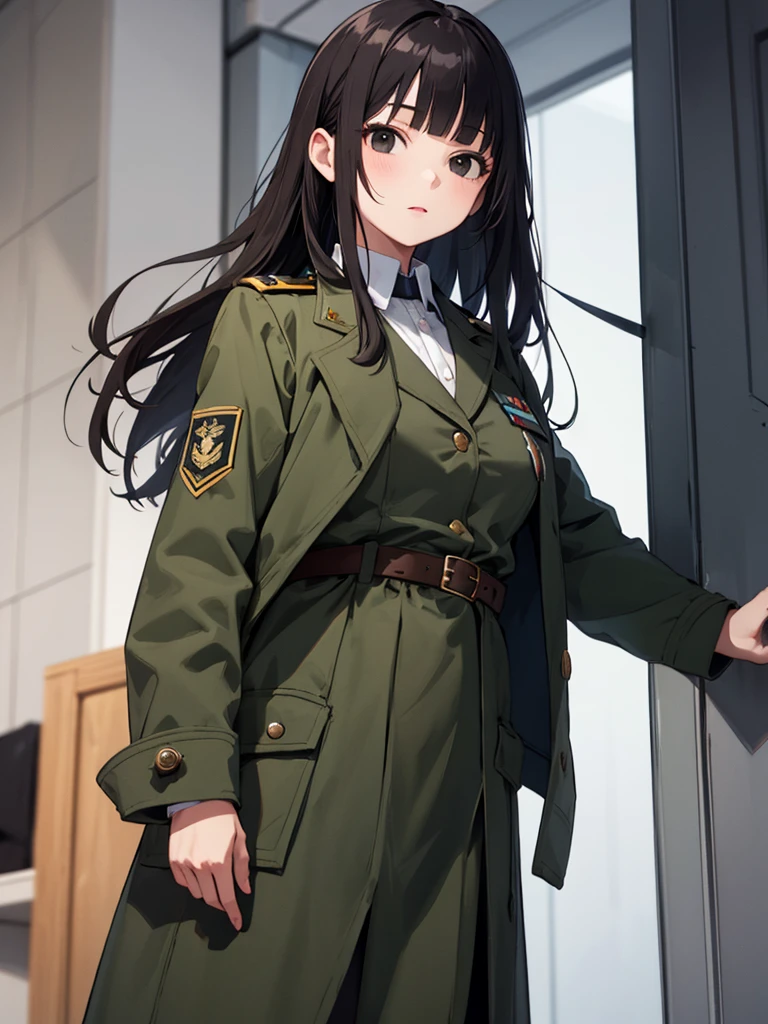 masterpiece, best quality, 1 girl, solo, mai, 1girl, solo, black eyes, black hair, long hair, blunt bangs, straight hair, female , uniform, military, military uniform, green coat, brown belt,