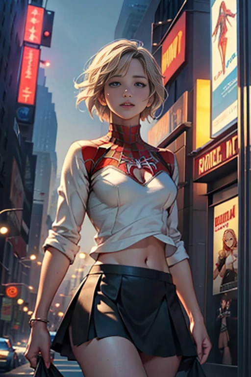 Jennifer Lawrence、マーベルコミックの映画Poster、so beautiful、Movies about Spider-Man、sexy、whole body、Wearing a skirt、Premiere Date、Poster、belly buttonを突き出す、new york、She&#39;s wearing a ripped Spiderman suit、The suit is torn、Wearing a skirt、Red and black color scheme、dynamic、masterpiece、highest quality、Super detailed、Very detailed、Delicate and beautiful shine、Ultra-high resolution、Cinematic、break、breakドロップ、(Torn clothes:1.5)、(Wet clothes:1.4)、Bare shoulders、Real Rain、Wet Hair、belly button、Exposed Skin、sexyな肩を披露