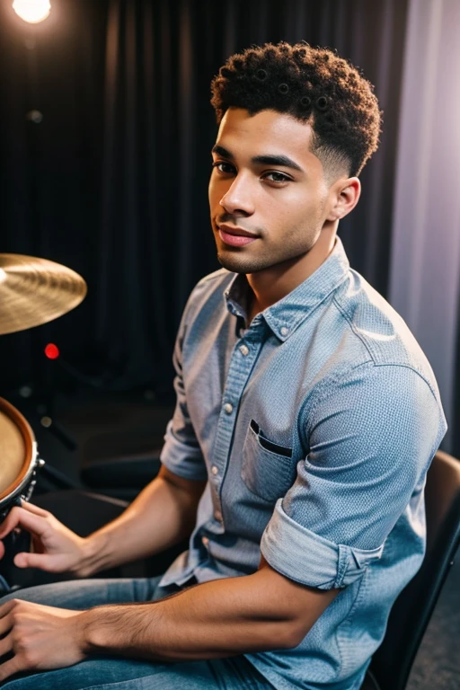 handsome male light skin mixed race with short hair, 22 years old wearing a casual clothes, playing a drums highlights with Men Wedding Ring detailed, innocent face, natural hair, hazel eyes, Handsome 1 people, 1 people handsome, Casual clothes, A hyper-realistic, Praising expression, concert with a crowd of people hiquality, Nikon, Canon, Fujifilm, HD, 4K, 8k
