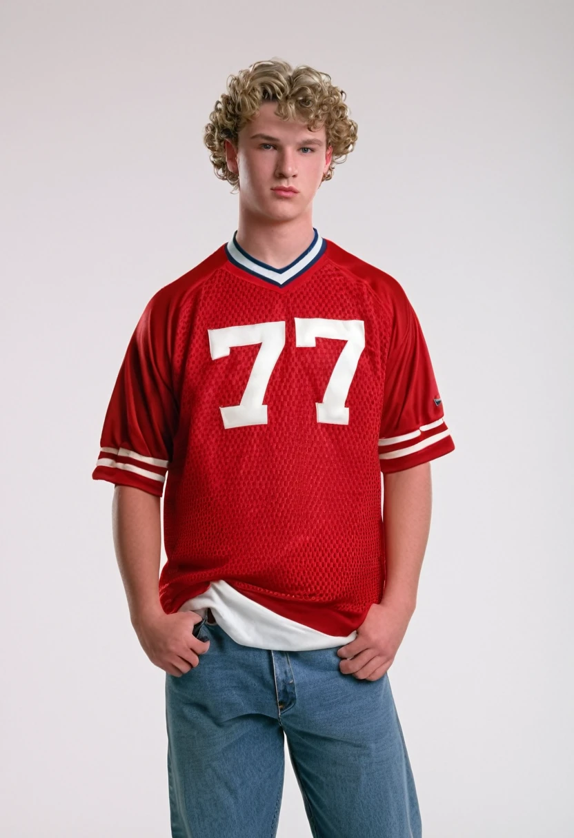 twenty six year old white man, curly sandy crewcut hair, slightly overweight but strong physique, square face, photorealism, high quality, 8k, 90s style, 1990s, red football jersey with the number 57 and jeans, no background