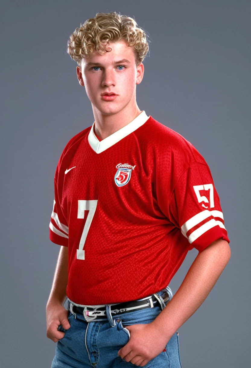 twenty six year old white man, curly sandy crewcut hair, slightly overweight but strong physique, square face, photorealism, high quality, 8k, 90s style, 1990s, red football jersey with the number 57 and jeans, no background
