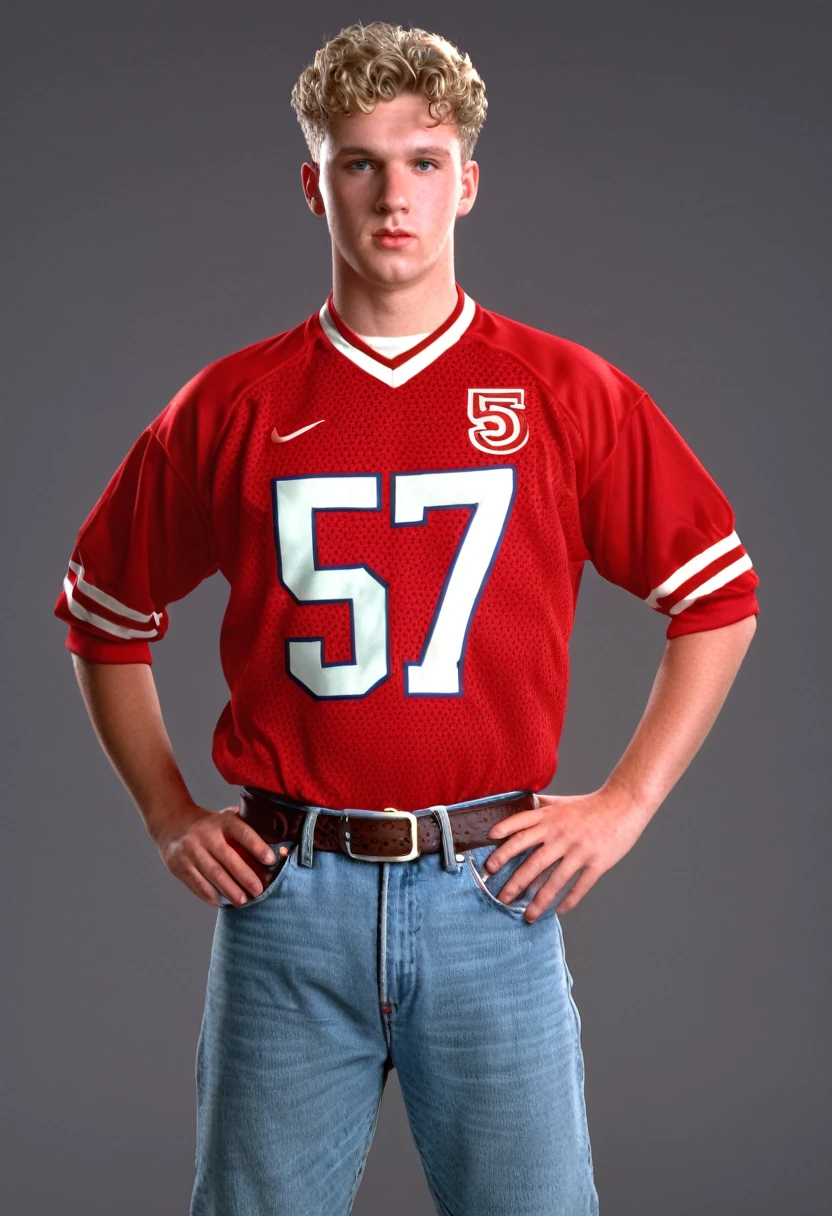 twenty six year old white man, curly sandy crewcut hair, slightly overweight but strong physique, square face, photorealism, high quality, 8k, 90s style, 1990s, red football jersey with the number 57 and jeans, no background