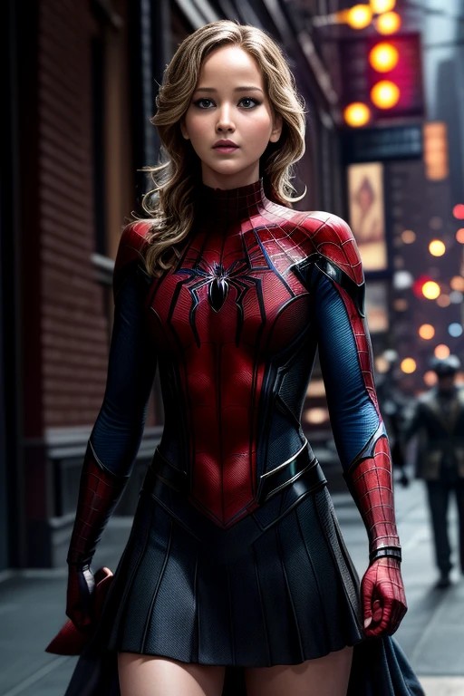 Jennifer Lawrence、マーベルコミックの映画Poster、so beautiful、Movies about Spider-Man、sexy、whole body、Wearing a skirt、Premiere Date、Poster、belly buttonを突き出す、new york、She&#39;s wearing a ripped Spiderman suit、The suit is torn、Wearing a skirt、Red and black color scheme、dynamic、masterpiece、highest quality、Super detailed、Very detailed、Delicate and beautiful shine、Ultra-high resolution、Cinematic、break、breakドロップ、(Torn clothes:1.5)、(Wet clothes:1.4)、Bare shoulders、Real Rain、Wet Hair、belly button、Exposed Skin、sexyな肩を披露