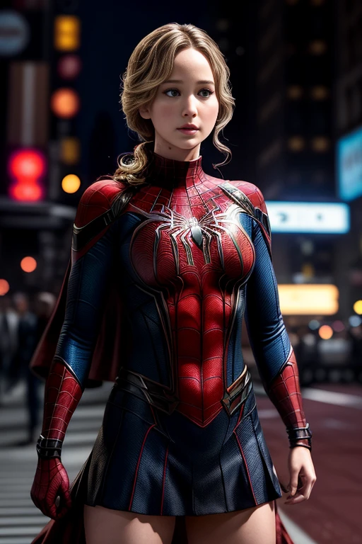 Jennifer Lawrence、マーベルコミックの映画Poster、so beautiful、Movies about Spider-Man、sexy、whole body、Wearing a skirt、Premiere Date、Poster、belly buttonを突き出す、new york、She's wearing a ripped Spiderman suit、The suit is torn、Wearing a skirt、Red and black color scheme、dynamic、masterpiece、highest quality、Super detailed、Very detailed、Delicate and beautiful shine、Ultra-high resolution、Cinematic、break、breakドロップ、(Torn clothes:1.5)、(Wet clothes:1.4)、Bare shoulders、Real Rain、Wet Hair、belly button、Exposed Skin、sexyな肩を披露