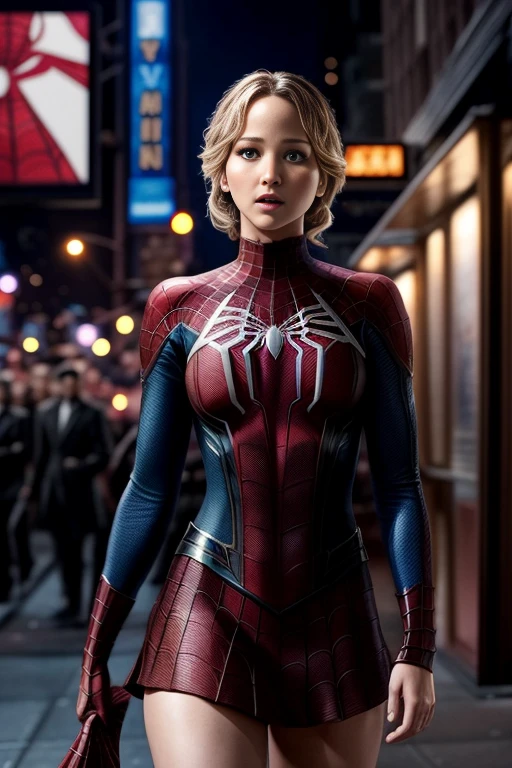 Jennifer Lawrence、マーベルコミックの映画Poster、so beautiful、Movies about Spider-Man、sexy、whole body、Wearing a skirt、Premiere Date、Poster、belly buttonを突き出す、new york、She&#39;s wearing a ripped Spiderman suit、The suit is torn、Wearing a skirt、Red and black color scheme、dynamic、masterpiece、highest quality、Super detailed、Very detailed、Delicate and beautiful shine、Ultra-high resolution、Cinematic、break、breakドロップ、(Torn clothes:1.5)、(Wet clothes:1.4)、Bare shoulders、Real Rain、Wet Hair、belly button、Exposed Skin、sexyな肩を披露