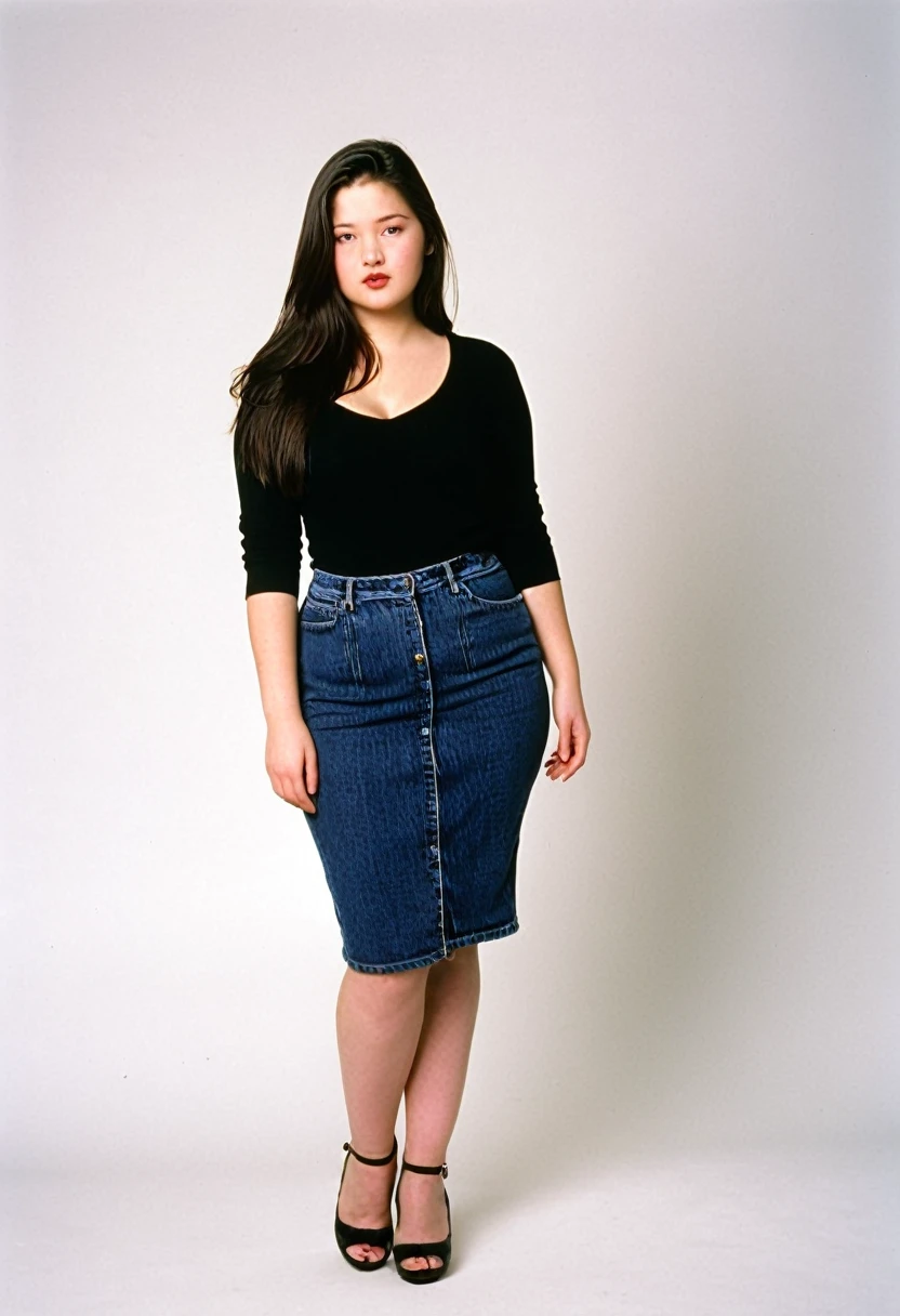 1996 clothing style, twenty year old woman, long dark hair, blank background, 90s clothing, 90s style, 1990s, studio portrait, designer clothing, curvy, 140 lbs, pretty girl, sophisticated outfit