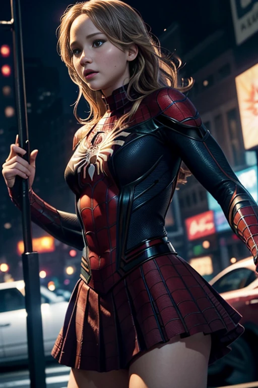Jennifer Lawrence、マーベルコミックの映画Poster、so beautiful、Movies about Spider-Man、sexy、whole body、Wearing a skirt、Premiere Date、Poster、belly buttonを突き出す、new york、She's wearing a ripped Spiderman suit、The suit is torn、Wearing a skirt、Red and black color scheme、dynamic、masterpiece、highest quality、Super detailed、Very detailed、Delicate and beautiful shine、Ultra-high resolution、Cinematic、break、breakドロップ、(Torn clothes:1.5)、(Wet clothes:1.4)、Bare shoulders、Real Rain、Wet Hair、belly button、Exposed Skin、sexyな肩を披露