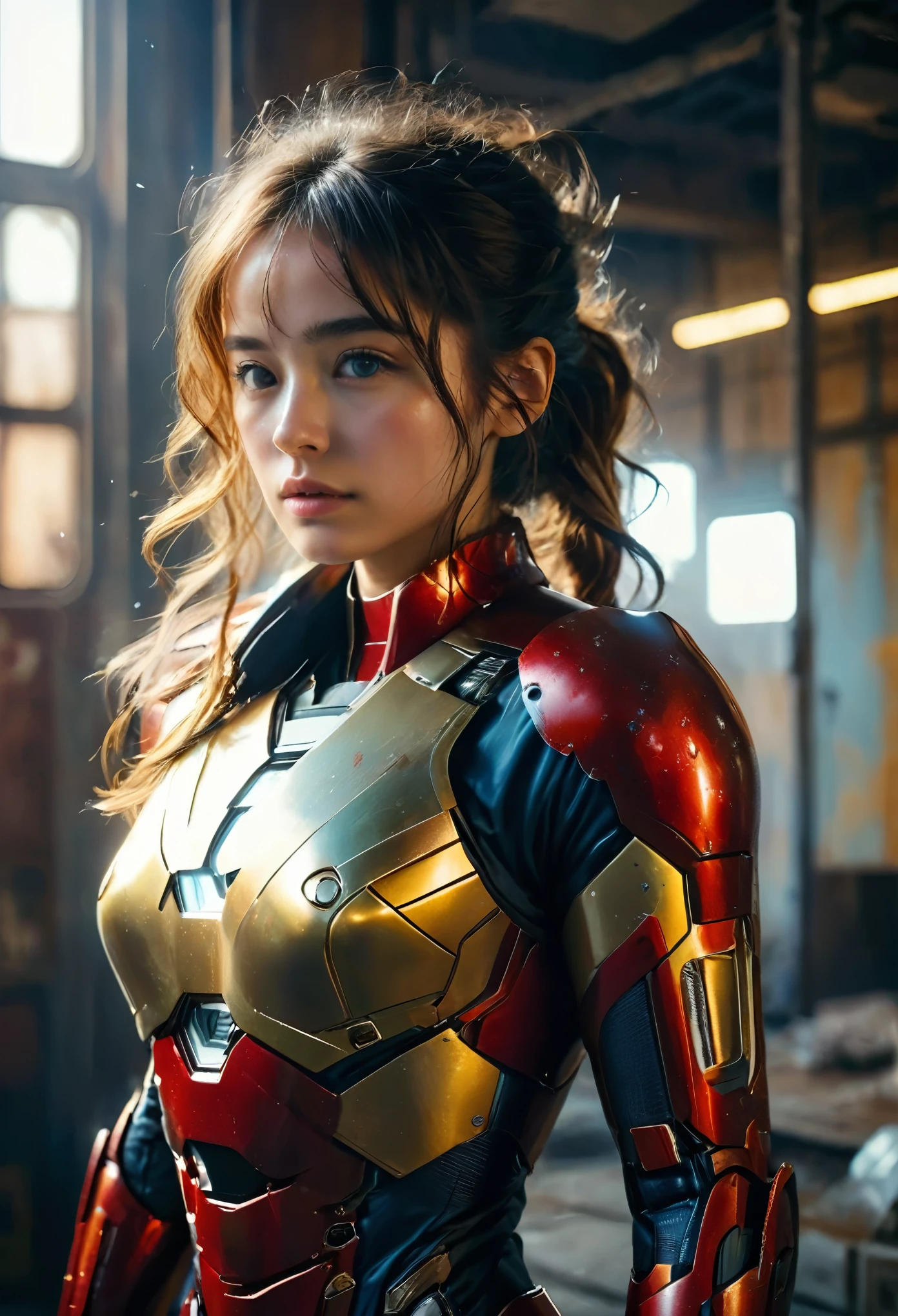(Nancy McDonie)，(1girl:1.3), solo,__body-parts__, official art, unity 8k wallpaper, ultra detailed, beautiful and aesthetic, beautiful, masterpiece, best quality, RAW, masterpiece, super fine photo,, best quality, super high Resolution, photorealistic, sunlight, full body portrait, stunningly beautiful,, dynamic pose, delicate face, vibrant eyes, (side view), she is wearing a futuristic Iron Man mech, red and gold, Highly detailed abandoned warehouse background, detailed face, detailed complex busy background, messy, gorgeous, milky, high detailed skin, realistic skin details, visible pores, sharp focus, volumetric fog, 8k uhd, dslr camera, High quality, film grain, fair skin, photorealism, lomography, sprawling metropolis in a futuristic dystopia, view from below, translucent