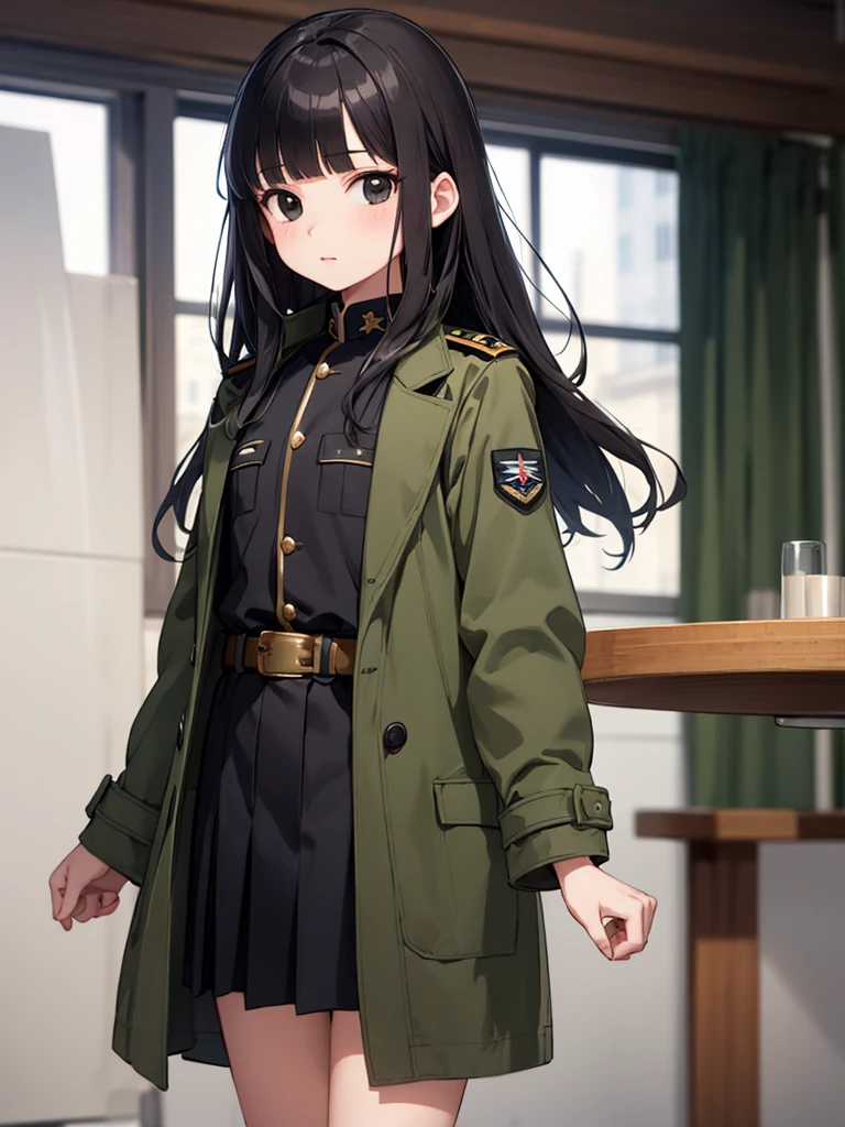 masterpiece, best quality, 1 girl, solo, 10 years old, flat chest, Perfect Face, beautiful, mai, 1girl, solo, black eyes, black hair, long hair, blunt bangs, straight hair, female , uniform, military, military uniform, green coat, brown belt,