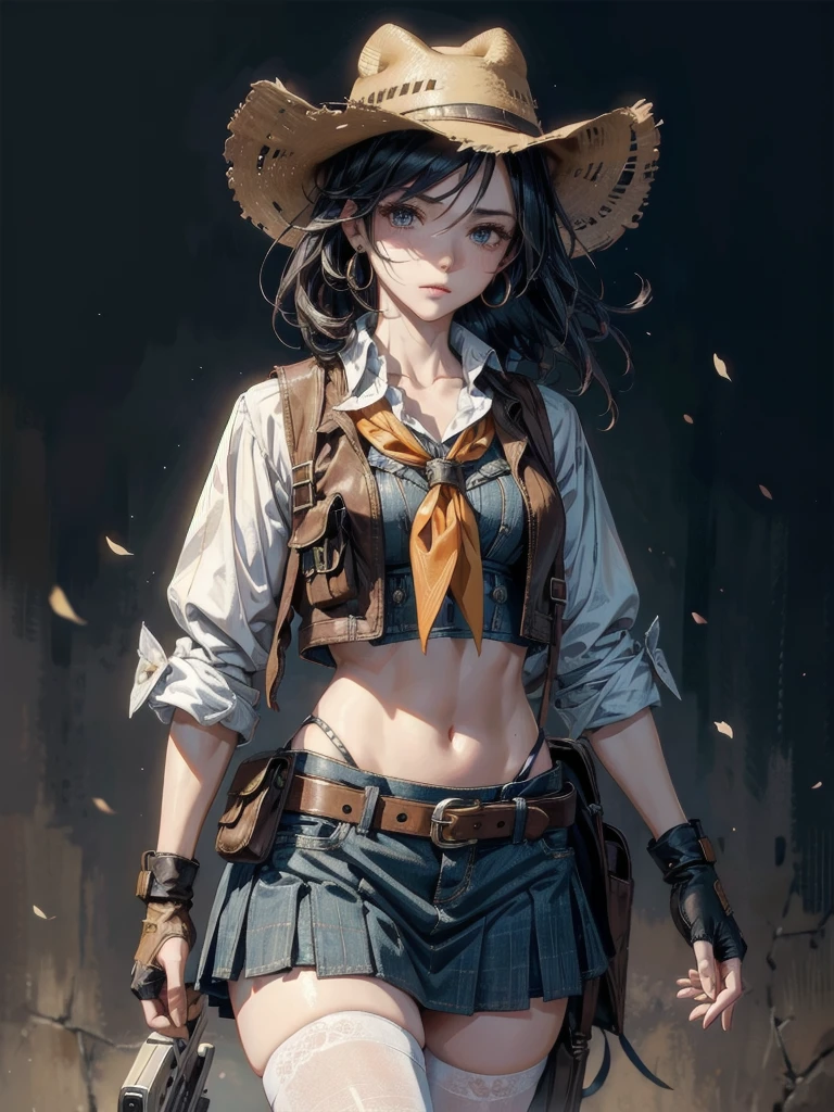 cowgirl costume, vest, cowboy hat, fingerless gloves, midriff, neckerchief, short skirt, holster, absurdres, RAW photo, extremely delicate and beautiful, masterpiece, Best Quality, ultra high resolution, 32k, hyperrealistic, ultra-detailed, perfect figure, tearful mole, earring, whole body shot, short medium hair, wavy hair,