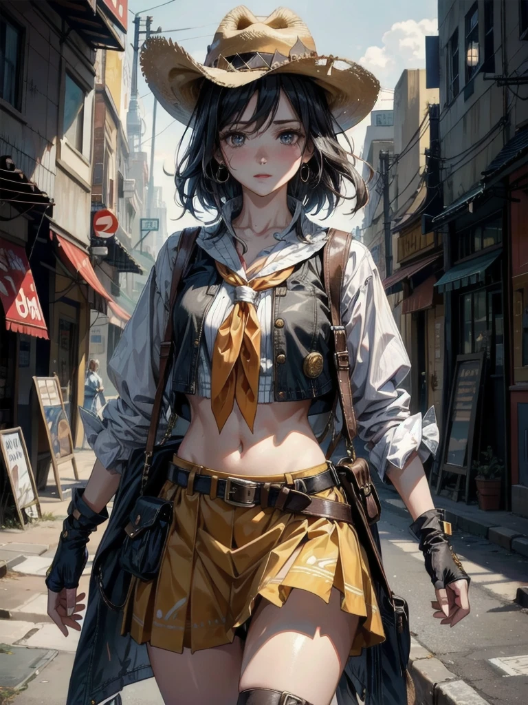 cowgirl costume, vest, cowboy hat, fingerless gloves, midriff, neckerchief, short skirt, holster, absurdres, RAW photo, extremely delicate and beautiful, masterpiece, Best Quality, ultra high resolution, 32k, hyperrealistic, ultra-detailed, perfect figure, tearful mole, earring, whole body shot, short medium hair, wavy hair,