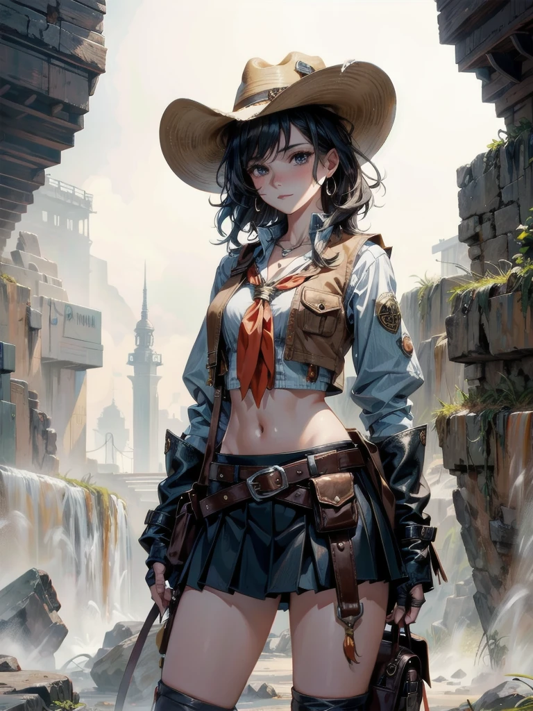 cowgirl costume, vest, cowboy hat, fingerless gloves, midriff, neckerchief, short skirt, holster, absurdres, RAW photo, extremely delicate and beautiful, masterpiece, Best Quality, ultra high resolution, 32k, hyperrealistic, ultra-detailed, perfect figure, tearful mole, earring, whole body shot, short medium hair, wavy hair,